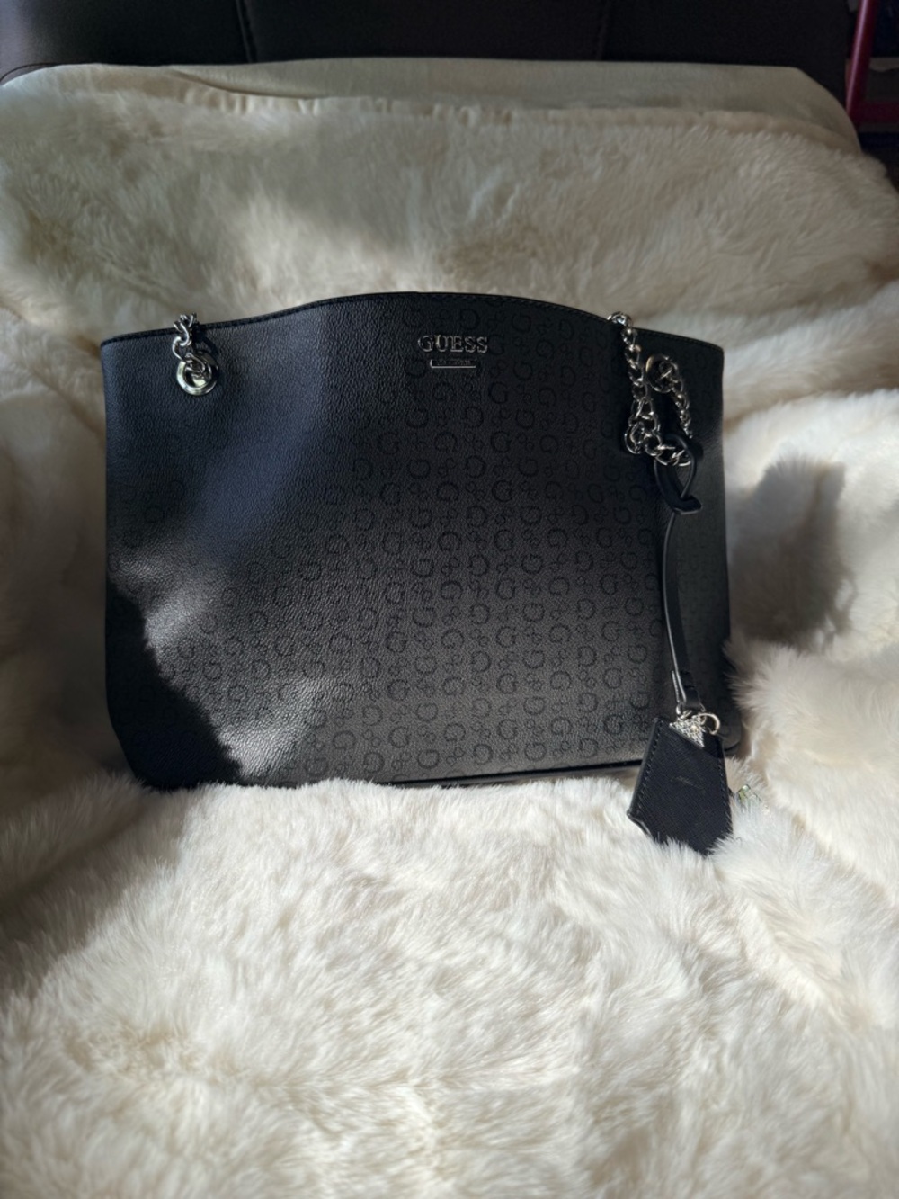 GUESS Black Tote with Silver Chain Handles